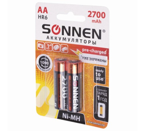 Батарейки аккумуляторные Ni-Mh пальчиковые КОМПЛЕКТ 2 шт., АА (HR6) 2700 mAh, SONNEN, 454235 Батарейки аккумуляторные Ni-Mh пальчиковые КОМПЛЕКТ 2 шт., АА (HR6) 2700 mAh, SONNEN, 454235