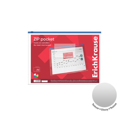 Папка-конверт на молнии ERICH KRAUSE А4 (334х241 мм), карман для визиток, прозрачная, 0,14 мм, 2935