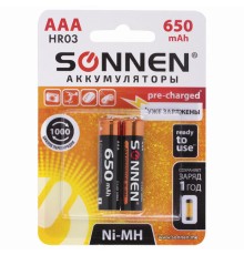 Батарейки аккумуляторные Ni-Mh мизинчиковые КОМПЛЕКТ 2 шт., AAA (HR03) 650 mAh, SONNEN, 454236
