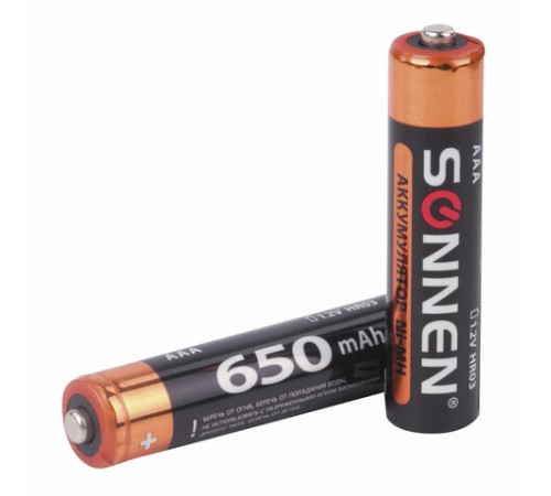 Батарейки аккумуляторные Ni-Mh мизинчиковые КОМПЛЕКТ 2 шт., AAA (HR03) 650 mAh, SONNEN, 454236 Батарейки аккумуляторные Ni-Mh мизинчиковые КОМПЛЕКТ 2 шт., AAA (HR03) 650 mAh, SONNEN, 454236