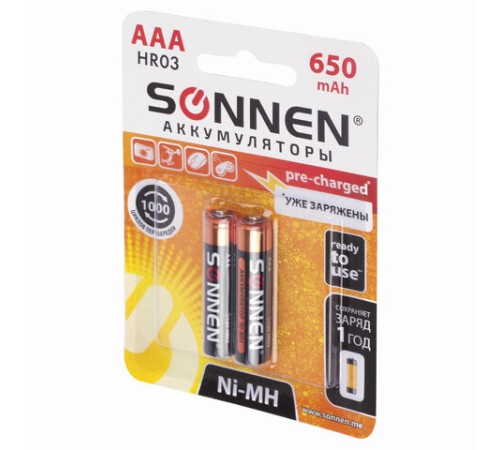 Батарейки аккумуляторные Ni-Mh мизинчиковые КОМПЛЕКТ 2 шт., AAA (HR03) 650 mAh, SONNEN, 454236 Батарейки аккумуляторные Ni-Mh мизинчиковые КОМПЛЕКТ 2 шт., AAA (HR03) 650 mAh, SONNEN, 454236