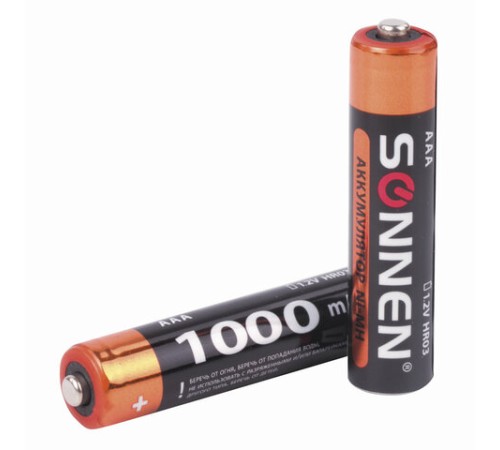 Батарейки аккумуляторные Ni-Mh мизинчиковые КОМПЛЕКТ 2 шт., AAA (HR03) 1000 mAh, SONNEN, 454237 Батарейки аккумуляторные Ni-Mh мизинчиковые КОМПЛЕКТ 2 шт., AAA (HR03) 1000 mAh, SONNEN, 454237