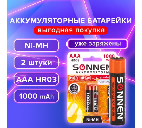 Батарейки аккумуляторные Ni-Mh мизинчиковые КОМПЛЕКТ 2 шт., AAA (HR03) 1000 mAh, SONNEN, 454237 Батарейки аккумуляторные Ni-Mh мизинчиковые КОМПЛЕКТ 2 шт., AAA (HR03) 1000 mAh, SONNEN, 454237