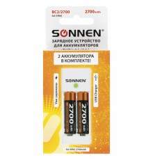 Зарядное устройство с аккумуляторами 2 шт. AA (HR6), 2700 mAh, SONNEN BC2, в блистере, 454239