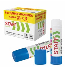 Клей-карандаш 9 г, ВЫГОДНАЯ УПАКОВКА, КОМПЛЕКТ 24 ШТУКИ, STAFF EVERYDAY, 273016