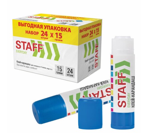 Клей-карандаш 15 г, ВЫГОДНАЯ УПАКОВКА, КОМПЛЕКТ 24 ШТУКИ, STAFF EVERYDAY, 273017