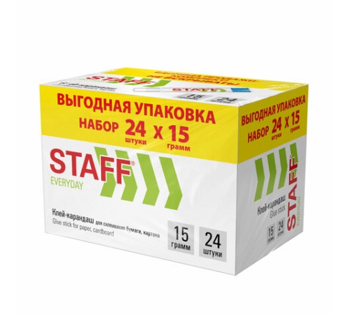 Клей-карандаш 15 г, ВЫГОДНАЯ УПАКОВКА, КОМПЛЕКТ 24 ШТУКИ, STAFF EVERYDAY, 273017