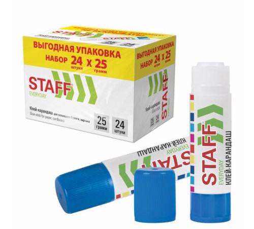Клей-карандаш 25 г, ВЫГОДНАЯ УПАКОВКА, КОМПЛЕКТ 24 ШТУКИ, STAFF EVERYDAY, 273018