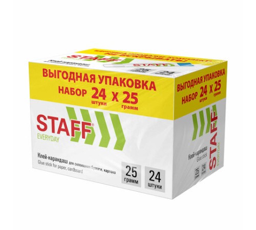 Клей-карандаш 25 г, ВЫГОДНАЯ УПАКОВКА, КОМПЛЕКТ 24 ШТУКИ, STAFF EVERYDAY, 273018