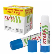 Клей-карандаш 40 г, ВЫГОДНАЯ УПАКОВКА, КОМПЛЕКТ 12 ШТУК, STAFF EVERYDAY, 273019