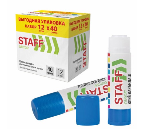 Клей-карандаш 40 г, ВЫГОДНАЯ УПАКОВКА, КОМПЛЕКТ 12 ШТУК, STAFF EVERYDAY, 273019