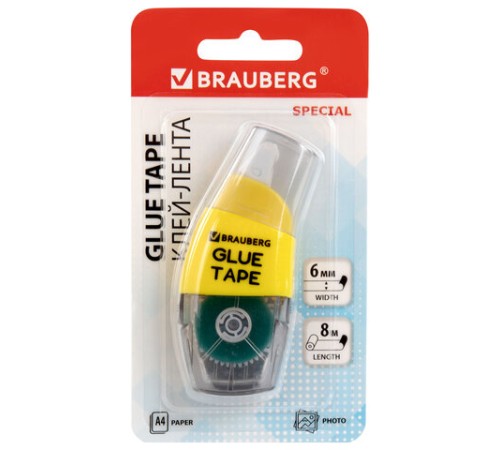 Клей-лента BRAUBERG SPECIAL, 6 мм х 8 м, корпус жёлтый, блистер, 273028