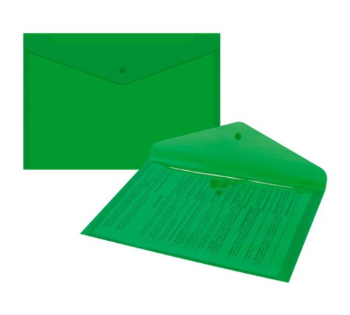 Папка-конверт с кнопкой прозрачная А4 BRAUBERG UNIVERSAL, до 100 листов, зеленая, 0,15 мм, 273074