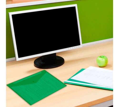 Папка-конверт с кнопкой прозрачная А4 BRAUBERG UNIVERSAL, до 100 листов, зеленая, 0,15 мм, 273074