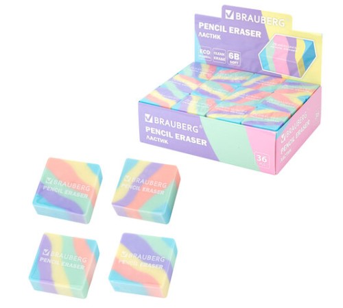 Ластик кросс-серия PASTEL, 34х34х14 мм, квадратный, ассорти, ЭКО ПВХ, BRAUBERG, 273210