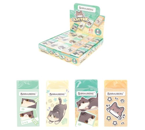 Ластик кросс-серия МИЛЫЕ КОТЫ, 50х24х10 мм, прямоугольный, картонный держатель, ассорти, ЭКО ПВХ, BRAUBERG, 273227