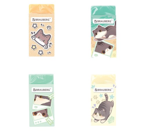Ластик кросс-серия МИЛЫЕ КОТЫ, 50х24х10 мм, прямоугольный, картонный держатель, ассорти, ЭКО ПВХ, BRAUBERG, 273227