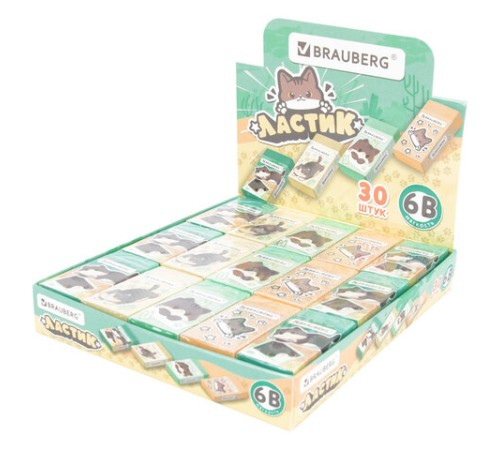 Ластик кросс-серия МИЛЫЕ КОТЫ, 50х24х10 мм, прямоугольный, картонный держатель, ассорти, ЭКО ПВХ, BRAUBERG, 273227