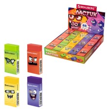 Ластик кросс-серия МОНСТРИКИ, 50х24х10 мм, прямоугольный, картонный держатель, ассорти, ЭКО ПВХ, BRAUBERG, 273236