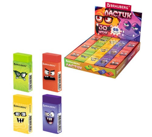 Ластик кросс-серия МОНСТРИКИ, 50х24х10 мм, прямоугольный, картонный держатель, ассорти, ЭКО ПВХ, BRAUBERG, 273236