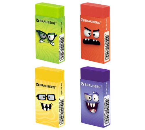 Ластик кросс-серия МОНСТРИКИ, 50х24х10 мм, прямоугольный, картонный держатель, ассорти, ЭКО ПВХ, BRAUBERG, 273236