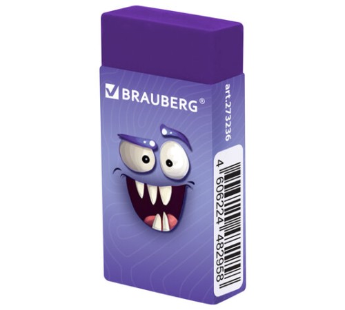 Ластик кросс-серия МОНСТРИКИ, 50х24х10 мм, прямоугольный, картонный держатель, ассорти, ЭКО ПВХ, BRAUBERG, 273236