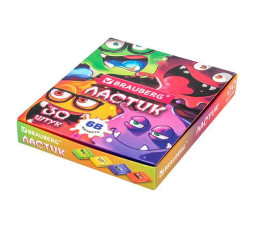 Ластик кросс-серия МОНСТРИКИ, 50х24х10 мм, прямоугольный, картонный держатель, ассорти, ЭКО ПВХ, BRAUBERG, 273236