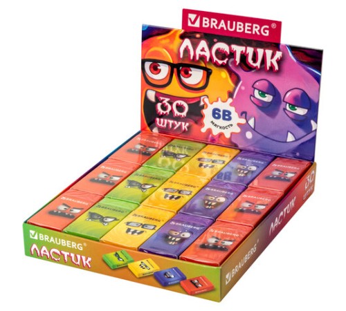 Ластик кросс-серия МОНСТРИКИ, 50х24х10 мм, прямоугольный, картонный держатель, ассорти, ЭКО ПВХ, BRAUBERG, 273236