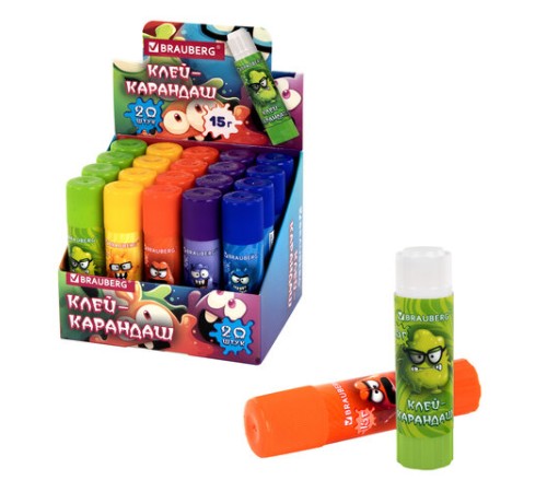 Клей-карандаш 15 г, кросс-серия МОНСТРИКИ, ассорти, BRAUBERG, 273237