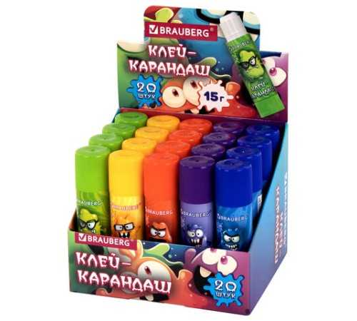Клей-карандаш 15 г, кросс-серия МОНСТРИКИ, ассорти, BRAUBERG, 273237