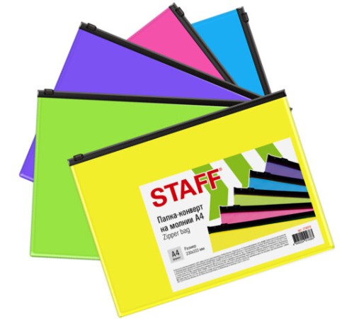 Папка-конверт на молнии А4 (230х333 мм), ПВХ, цвет ассорти/прозрачная, 0,15 мм, STAFF, 274076