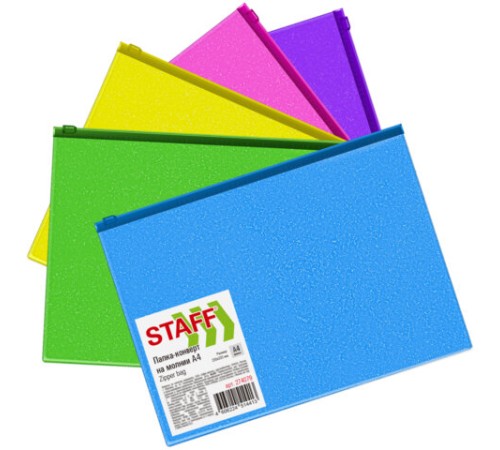 Папка-конверт на молнии А4 (230х333 мм), ПВХ, цвет ассорти с блестками, 0,15 мм, STAFF, 274079