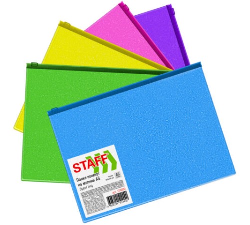 Папка-конверт на молнии МАЛОГО ФОРМАТА (180х250 мм) А5, цвет ассорти с блестками, 0,15 мм, STAFF, 274080