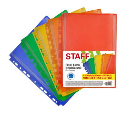 Папки-файлы с перфорацией БОЛЬШОЙ ВМЕСТИМОСТИ до 250 листов, ЦВЕТНЫЕ, А4, КОМПЛЕКТ 5 шт., STAFF, 274081