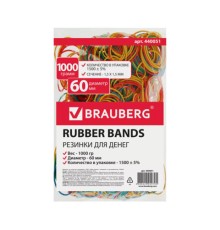 Резинки банковские универсальные диаметром 60 мм, BRAUBERG 1000 г, цветные, натуральный каучук, 440051