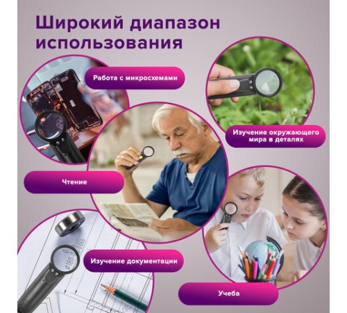 Лупа просмотровая BRAUBERG, С ПОДСВЕТКОЙ, диаметр 37 мм, увеличение 8, корпус черный, 454127