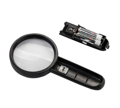 Лупа просмотровая BRAUBERG, С ПОДСВЕТКОЙ, диаметр 75 мм, увеличение 3, корпус черный, 454130