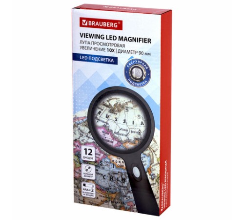 Лупа просмотровая с LED-ПОДСВЕТКОЙ, диаметр 90 мм, увеличение 10, корпус черный, BRAUBERG, 455928