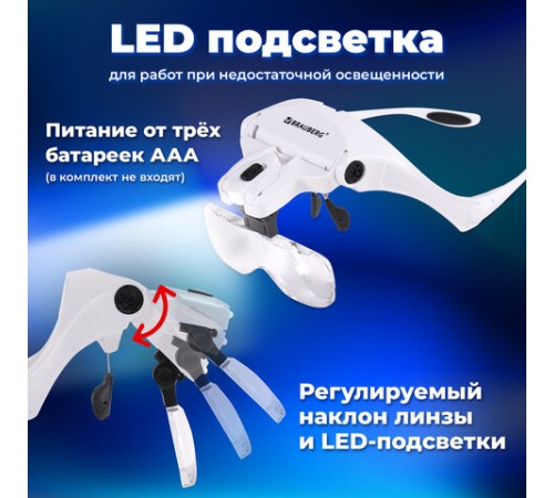 Лупа налобная с LED-ПОДСВЕТКОЙ, 5 сменных линз 95х33 мм, увеличение 1,0 - 3,5, BRAUBERG, 455929