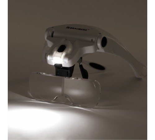 Лупа налобная с LED-ПОДСВЕТКОЙ, 5 сменных линз 95х33 мм, увеличение 1,0 - 3,5, BRAUBERG, 455929