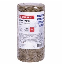 Шпагат льняной банковский, диаметр 1,5 мм, длина 400 м, линейная плотность 1250 текс, BRAUBERG, 600115