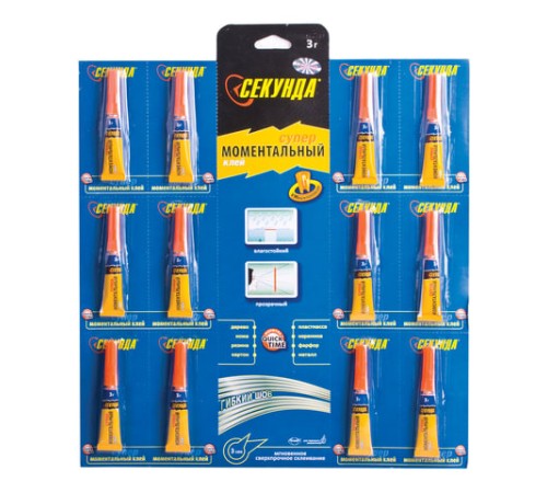 Клей моментальный СЕКУНДА, 3 г, отрывная мультикарта, 403-103