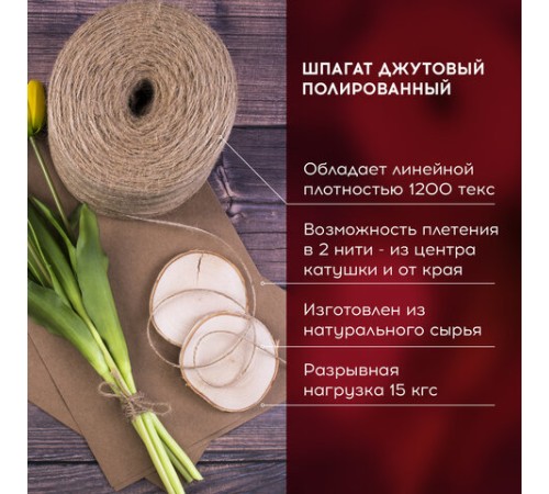 Шпагат джутовый банковский полированный, длина 1200 м, диаметр 1,8 мм, линейная плотность 1200 текс, BRAUBERG, 600396