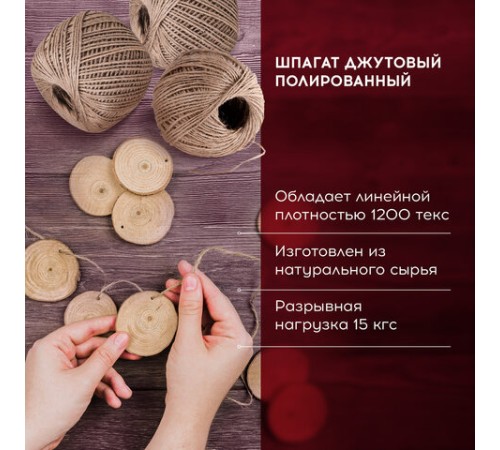 Шпагат джутовый банковский полированный, длина 165 м, диаметр 1,5 мм, линейная плотность 1200 текс, BRAUBERG, 600644