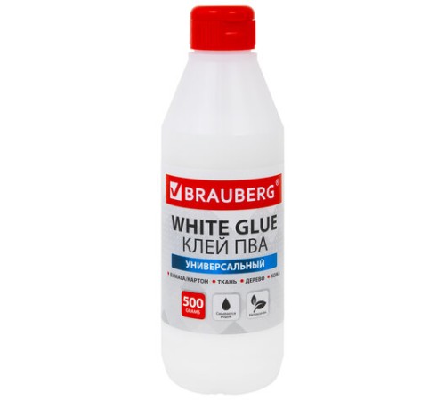 Клей ПВА BRAUBERG, 0,5 кг, универсальный (бумага, картон, дерево), 600982