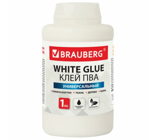 Клей ПВА BRAUBERG, 1 кг, универсальный (бумага, картон, дерево), 600983