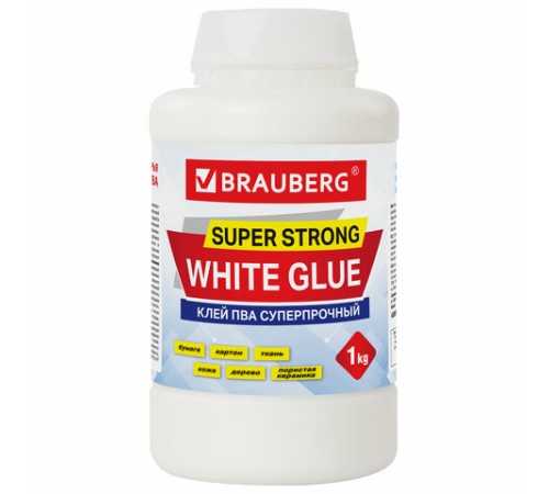 Клей ПВА BRAUBERG, 1 кг, суперпрочный (керамика, ткань, кожа, дерево, бумага, картон), 600984
