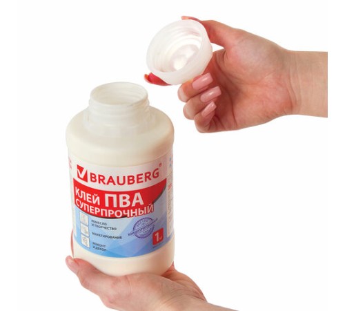 Клей ПВА BRAUBERG, 1 кг, суперпрочный (керамика, ткань, кожа, дерево, бумага, картон), 600984