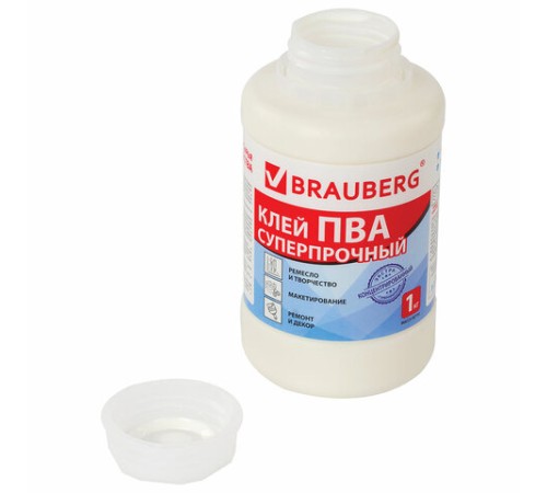 Клей ПВА BRAUBERG, 1 кг, суперпрочный (керамика, ткань, кожа, дерево, бумага, картон), 600984