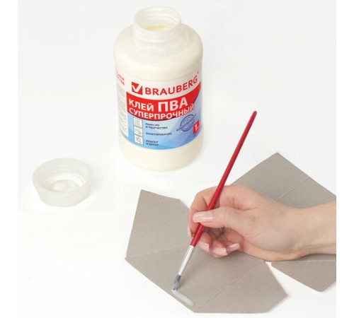 Клей ПВА BRAUBERG, 1 кг, суперпрочный (керамика, ткань, кожа, дерево, бумага, картон), 600984